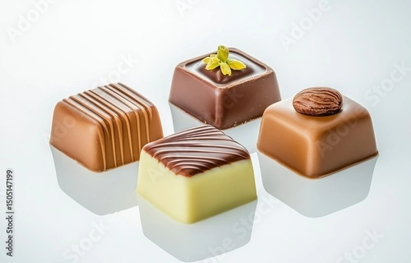 Fototapeta Exquisite Square Chocolate Assortment with Elegant Garnish on White Surface Delicious Treat