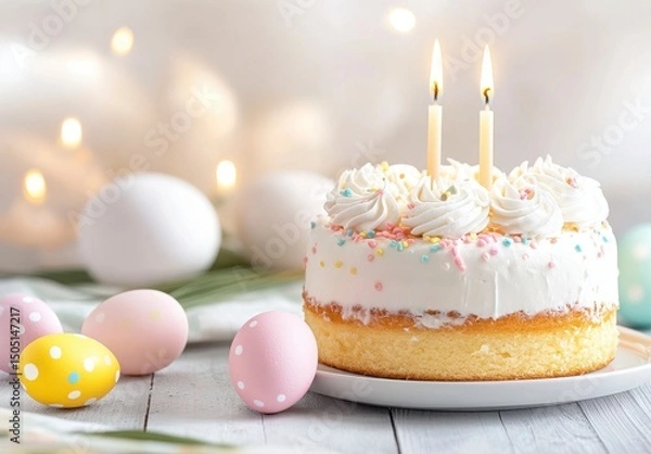 Fototapeta Festive Birthday Cake with Two Candles and Easter Eggs in a Celebration Still Life Setting
