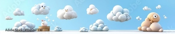 Fototapeta Floating Cartoon Clouds and Cute Character in Dreamlike Sky Scenery with Pastel Backdrop Design