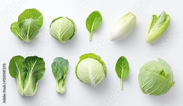 Fototapeta Fresh Assortment of Green Vegetables on White Backdrop for Culinary Arts and Healthy Eating Design