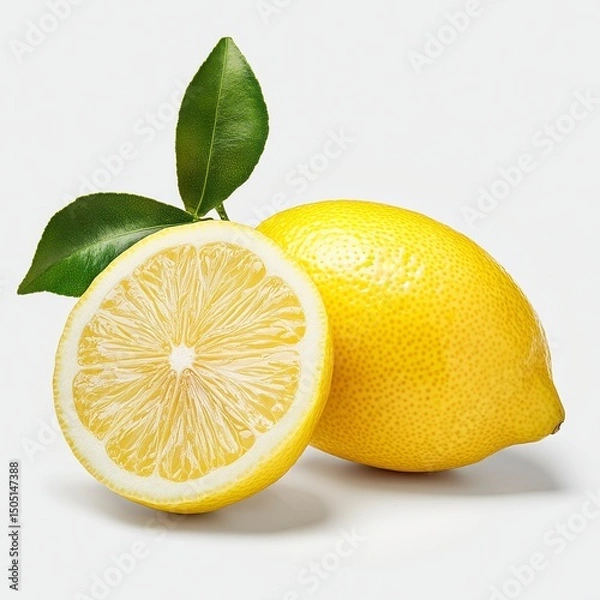 Fototapeta Fresh Lemons with Leaves Slices and Whole Lemon Fruit Citrus on a White Background Clean Backdrop