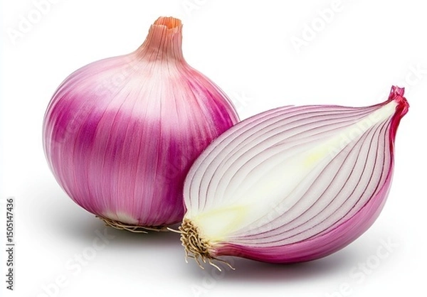 Fototapeta Fresh Red Onion and Half Cut Offering Vibrant Texture and Culinary Appeal Against White Backdrop