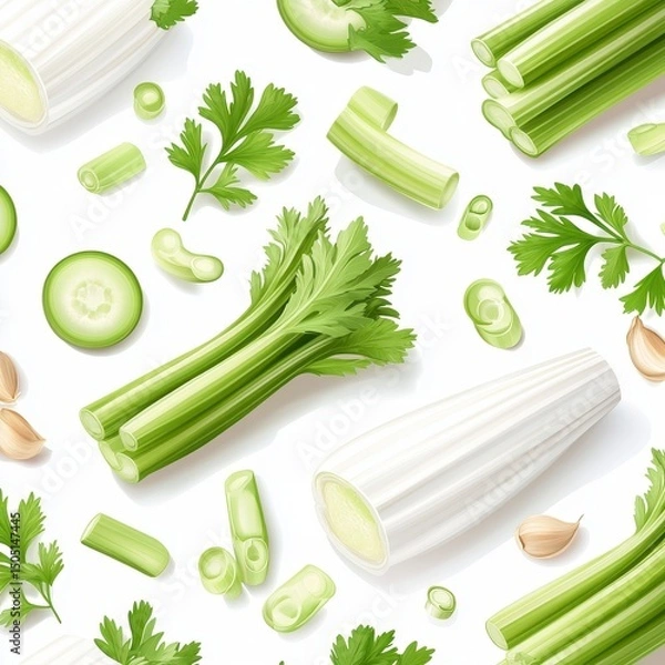 Fototapeta Freshness of Green Celery Sticks and Bulb Vegetables An Array of Culinary Ingredients Still Life