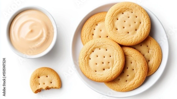 Fototapeta Golden Crackers and Dip Delights A Culinary Still Life Food Photography with Creamy Sauce Display