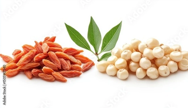 Fototapeta Goji Berries and Lotus Seeds with Green Leaves on a White Background Still Life Composition