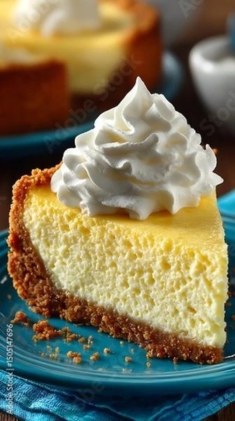 Fototapeta Creamy lemon cheesecake with graham cracker crust topped with whipped cream on a blue plate.