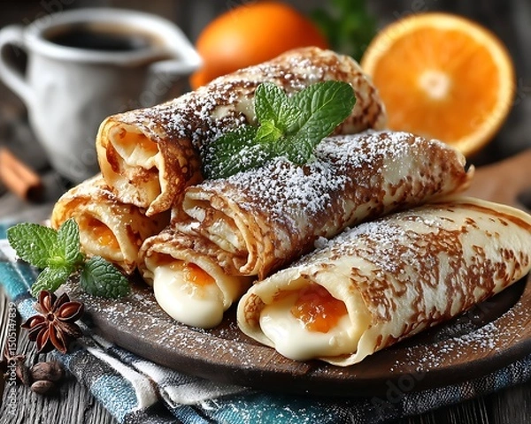 Fototapeta Delicious crepes filled with cream and orange jam topped with powdered sugar and fresh mint leaves on a rustic wooden table with oranges