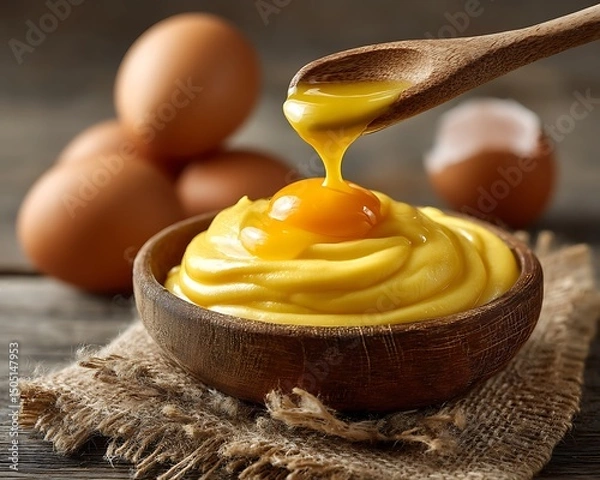 Fototapeta Creamy yellow custard in a wooden bowl with eggs and a spoon dripping custard on rustic wooden surface