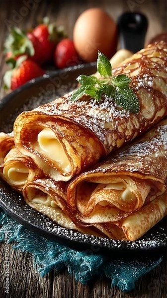 Fototapeta Crispy crepes filled with sweet cream served with fresh strawberries and a dusting of powdered sugar on dark rustic wooden table
