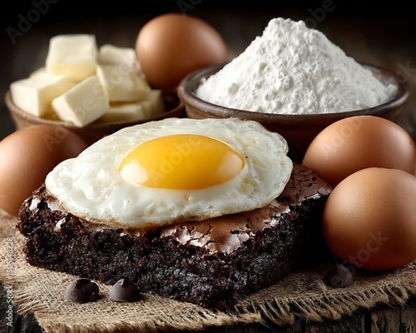 Fototapeta Fried egg on a piece of chocolate cake with eggs white flour and butter in the background on a rustic wooden surface