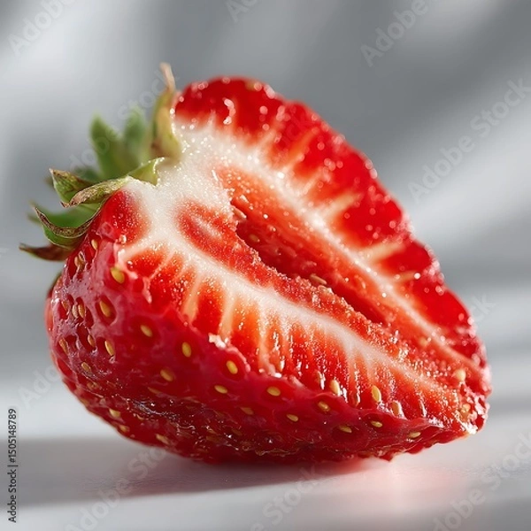 Fototapeta Juicy ripe strawberry sliced in half on a reflective surface with a soft blurred background