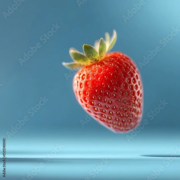 Fototapeta Close-up of a ripe red strawberry with green leafy cap floating above clear water surface isolated on blue background