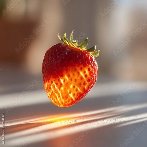 Fototapeta Vibrant red strawberry with green leafy cap floating above sunlight illuminated surface in a bright kitchen setting
