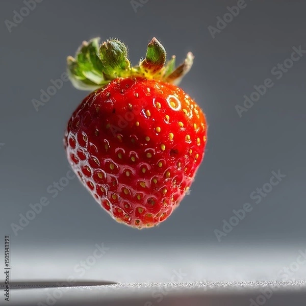 Fototapeta Fresh ripe strawberry with tiny seeds and green leafy stem isolated on smooth gray background