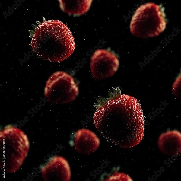 Fototapeta Juicy ripe strawberries with water droplets falling against a black background in close-up lighting environment
