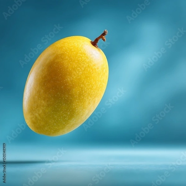 Fototapeta Floating yellow pear on a blue background with soft lighting and smooth surface