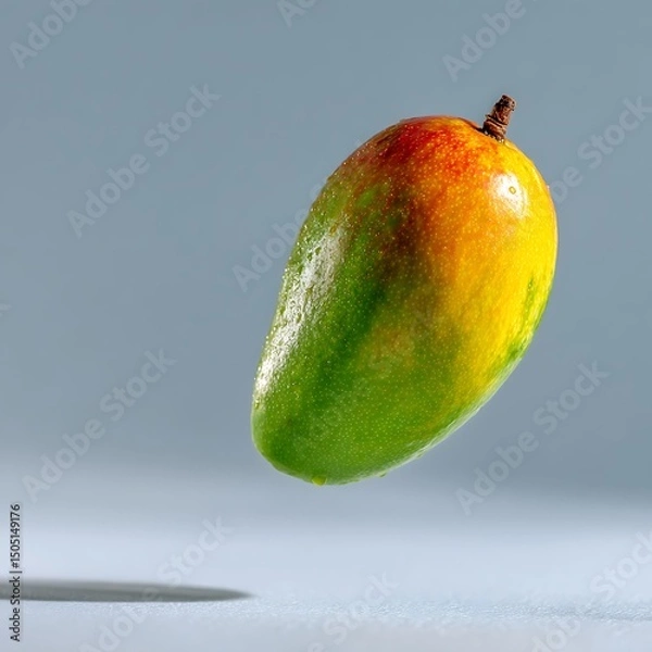 Fototapeta Fresh mango with water droplets falling, vibrant green and red skin, smooth surface, minimaic light blue background