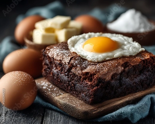 Fototapeta Golden-brown meatloaf with a fried egg on top surrounded by eggs, butter, flour, and a rustic wooden table with a cloth backdrop