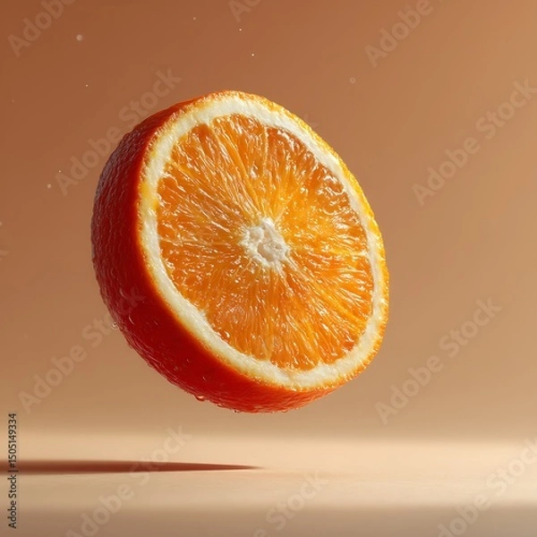 Fototapeta Juicy fresh orange half suspended in mid-air with a soft beige background and subtle shadowing