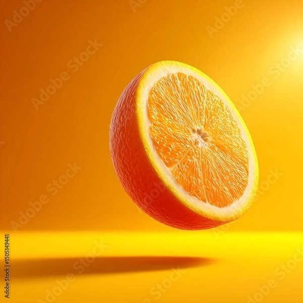 Fototapeta Juicy orange half with vibrant color against bright yellow background bright sunlight and fresh citrus fruit