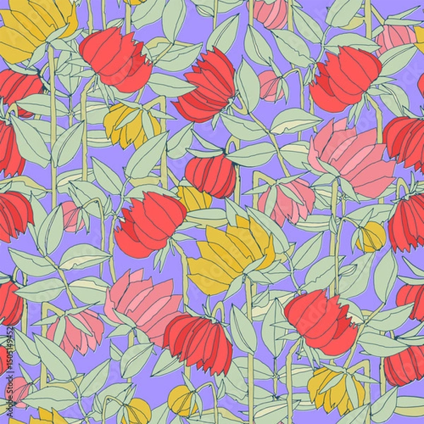 Obraz Seamless pattern with hand drawn meadow bold flowers. Colorful illustrations on blue background for surface design and other design projects