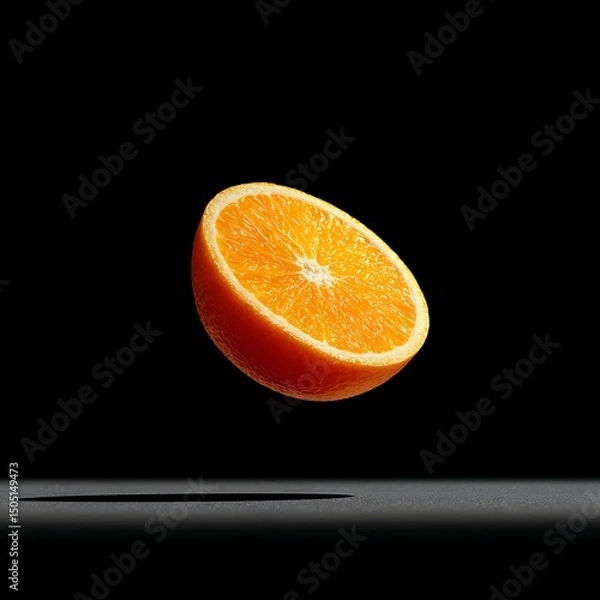 Fototapeta Bright orange half floating above a dark background with subtle shadow, fresh juicy citrus fruit, healthy snack