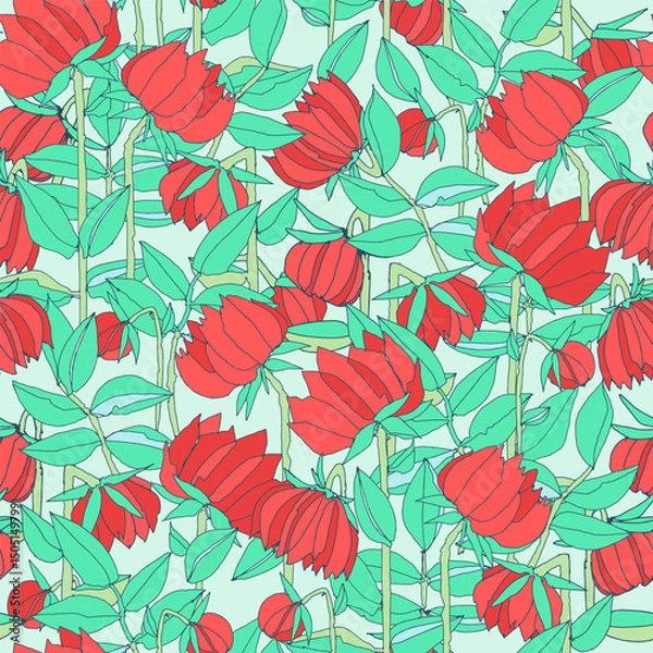 Obraz Seamless pattern with hand drawn meadow bold flowers. Colorful illustrations on blue background for surface design and other design projects