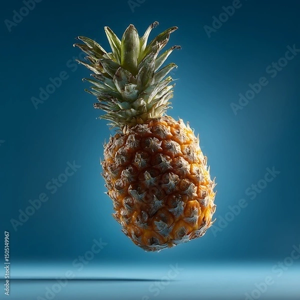 Fototapeta A fresh ripe pineapple with spiky leaves floating in midair against a dark background with dramatic lighting