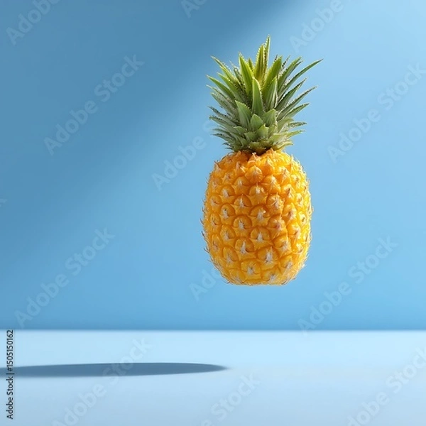 Fototapeta Fresh pineapple fruit with green spiky leaves on a light blue background with shadow, minimaic modern tropical fruit display