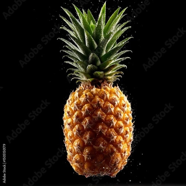 Fototapeta Bright yellow pineapple with green spiky leaves against a black background, illuminated to highlight texture and shine in a close-up shot