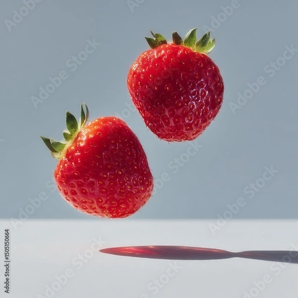 Fototapeta Bright red strawberries floating above a reflective surface with green leafy caps and a light blue background.
