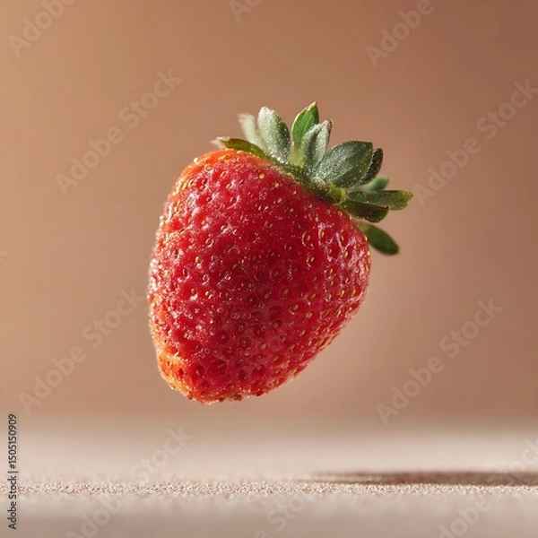 Fototapeta Close-up of a ripe red strawberry with green leaves floating in midair on a neutral background with soft lighting