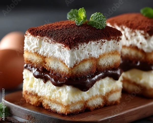 Fototapeta Delicious layered tiramisu-inspired dessert with cream, cocoa powder, and mint garnish on a wooden surface