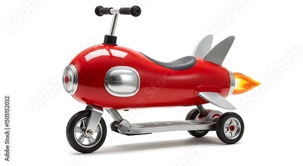 Obraz A vibrant red children's ride-on scooter, creatively designed as a retro-style rocket ship, appears ready for imaginative adventures. 