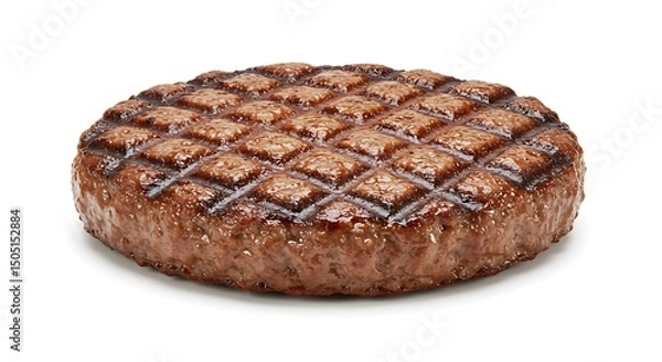 Obraz A perfectly grilled beef hamburger patty, showcasing distinct diamond-shaped char marks from the barbecue grill. 