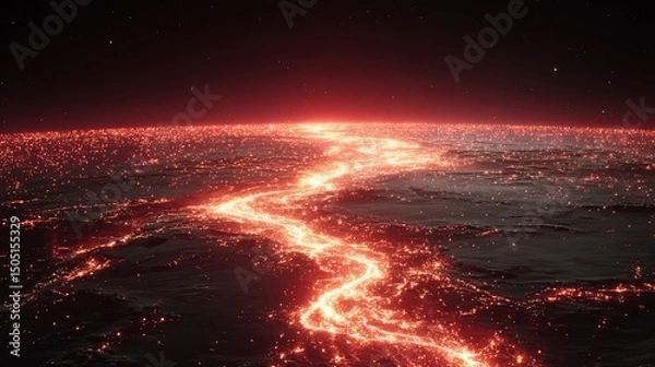 Obraz Futuristic high-tech digital background with dynamic red gradient and orange particle stream flowing like river