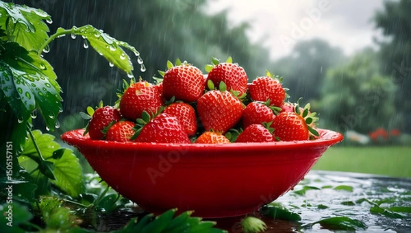 Fototapeta Fresh Strawberries in a rustic clay bowl with Dew Drops  