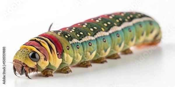 Fototapeta Close-up macro of a green caterpillar insect, larva, or worm on a leaf, branch, or isolated on white, showcasing nature's wildlife