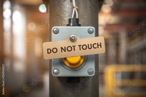 Fototapeta Warning sign on a machine, indicating "Do Not Touch" for safety in an industrial setting. Concept of Emergency Switch Improve Industrial Safety Standards.
