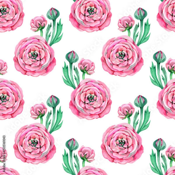 Fototapeta Seamless pattern with branches with Watercolor blooming Ranunculus.  illustration