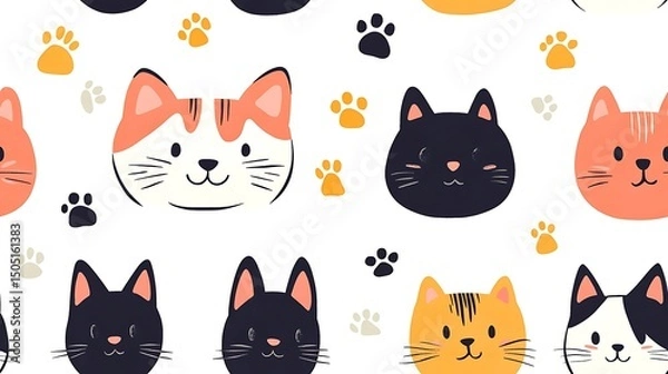 Fototapeta Adorable cartoon heads of cats and dogs, seamless tiling pattern, outlined with black ink and bordered in white, solid flat colors, paw prints forming decorative gaps, pure white background,