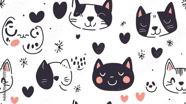 Obraz Adorable line-drawn pattern of sleepy cartoon cats and dogs, exaggerated facial features, outlined in clean black strokes, soft heart icons spread across white background,