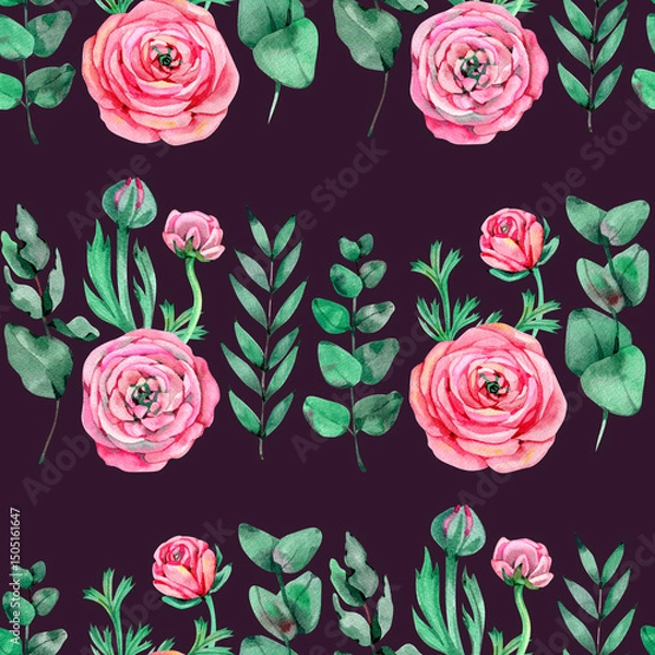 Fototapeta Seamless pattern with branches with Watercolor blooming Ranunculus.  illustration