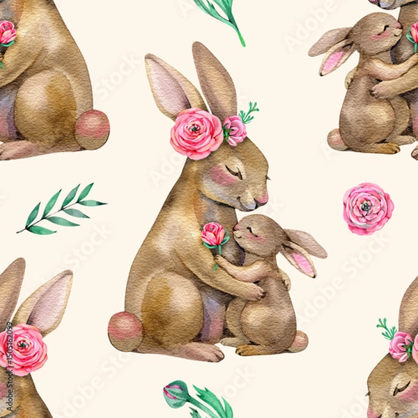 Fototapeta Seamless pattern with forest animals. Cute Mother's Day greeting card, fabric, wrapping paper, packing