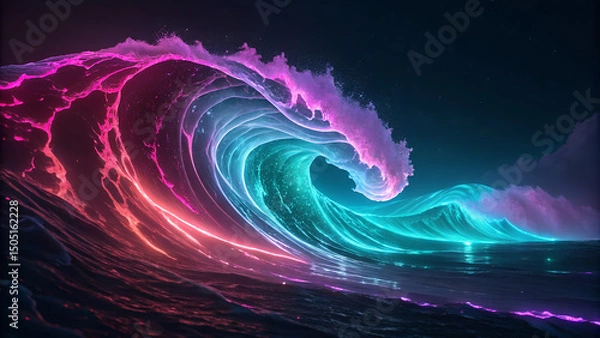 Fototapeta Luminous Ocean: A Rainbow Wave Breaking at Night