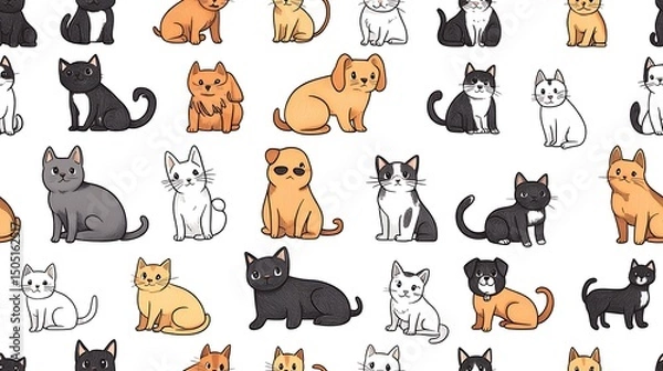 Fototapeta Hand-drawn cartoon dogs and cats arranged in circular rotation—front, side, back, top views—seamless vector pattern, bold outlines in black and brown with gray fill touches,