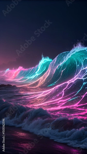 Fototapeta Neon Ocean Art: Luminous Wave in Darkness