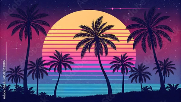 Fototapeta Retro Sunset with Silhouetted Palm Trees