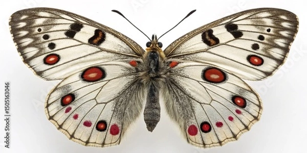 Fototapeta Isolated yellow swallowtail butterfly with black markings and orange accents on its beautiful wings, a colorful insect of nature on a white background
