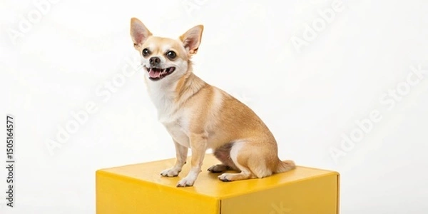Fototapeta Cute isolated purebred brown chihuahua puppy sitting in a white box or suitcase